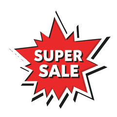Bright red starburst graphic with bold white text announcing a super sale.