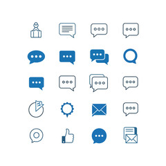 A grid of various blue outline and solid fill icons representing digital communication, messaging, social media interactions, settings, and mail on a clean white background.