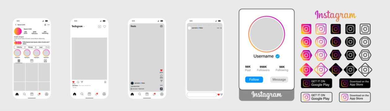 instagram Social Media App Interface Mockup Set: Profile, Feed, Reels Screens and Icons