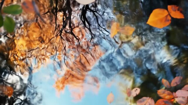 Autumnal reflection abstract view of trees and leaves in water