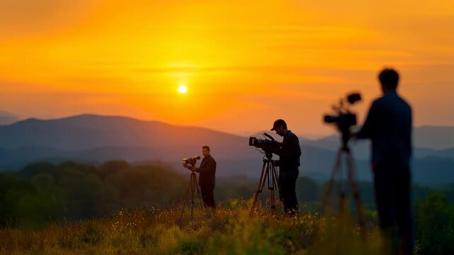 Cinematic sunset filming with video cameras capturing breathtaking landscapes and vibrant colors