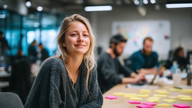 Collaborative Innovation: A focused and optimistic woman with a gentle smile exudes leadership and inspiration as she works in a modern, collaborative workplace. 