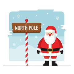 A cartoon illustration of Santa Claus with a red nose standing next to a striped North Pole signpost in a snowy winter landscape.