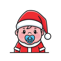 A cute cartoon baby wearing a Santa hat and suit with a blue pacifier, celebrating Christmas.