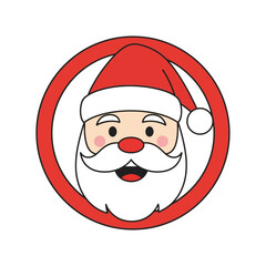 Cartoon illustration of Santa Claus's face with a red hat and white beard, framed in a red circle.
