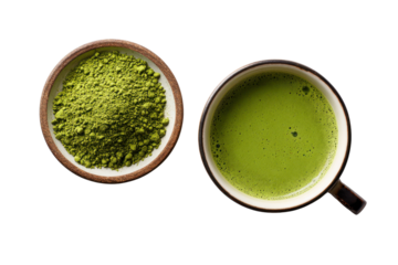 Green matcha powder in bowl next to frothy matcha tea in cup drink, Png, Isolated on Transparent Background, Cut Out