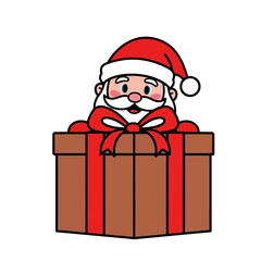 Cartoon illustration of Santa Claus peeking out of a festive brown gift box with a red ribbon and bow, ready for Christmas.