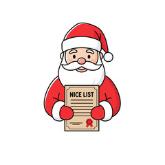 A cartoon illustration of Santa Claus holding a scroll labeled 
