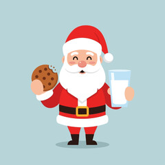 Cute cartoon Santa Claus holding a chocolate chip cookie and a glass of milk, ready for Christmas.