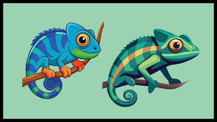 Two cartoon chameleons perched on branches