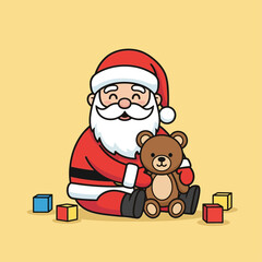 Cute cartoon Santa Claus sitting on the floor, gently hugging a brown teddy bear, surrounded by colorful building blocks, on a light yellow background, depicting a heartwarming holiday scene.