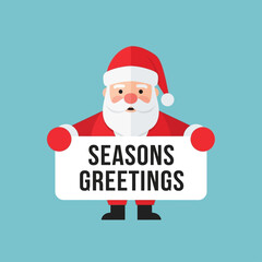 A cartoon illustration of Santa Claus holding a white sign with 'SEASONS GREETINGS' written in black text, against a light blue background.