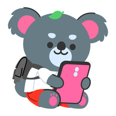 Cute cartoon koala student using a digital tablet, suitable for modern learning themes, children’s content, technology education, stickers, and friendly visual branding.