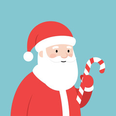 A cartoon illustration of Santa Claus holding a candy cane against a light blue background.