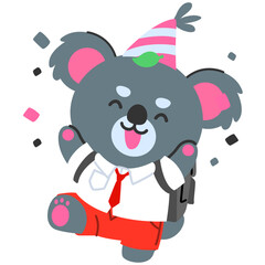 Cute cartoon koala student wearing a party hat and celebrating, ideal for festive themes, birthday designs, stickers, children’s content, and cheerful branding.