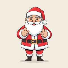 Cartoon Santa Claus winking and pointing with both hands, wearing a red suit and white beard, on a plain background.