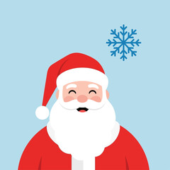 Happy Santa Claus with a big white beard and red hat, smiling under a blue snowflake on a light blue background.