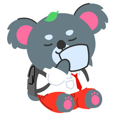 Cute cartoon koala student reading a sheet of paper, suitable for study themes, education materials, learning content, children’s designs, stickers, and school branding.