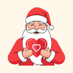 Cartoon Santa Claus holding a red heart with a smaller pink heart inside, expressing love and holiday spirit.
