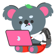 Cute cartoon koala student working on a laptop, perfect for digital learning themes, studying, online education, technology projects, stickers, and modern branding.