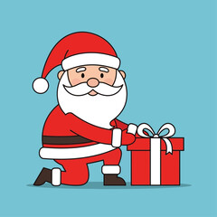 Cartoon illustration of Santa Claus kneeling and wrapping a red Christmas gift box with a white bow on a light blue background.