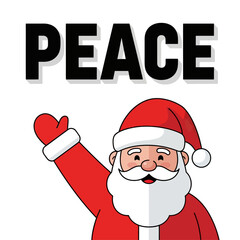 Cartoon illustration of Santa Claus waving with the word PEACE written above him on a white background.