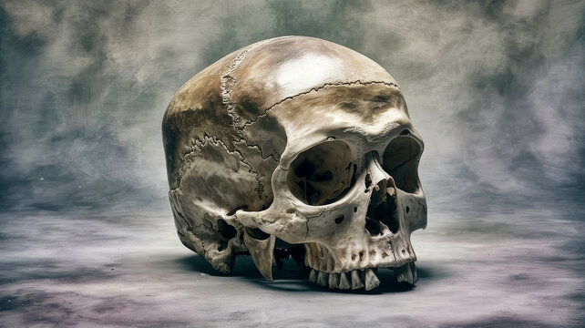Detailed 3D model of a human skull, profile view.  A realistic, light beige skull is angled to the right. Visible teeth and bone texture