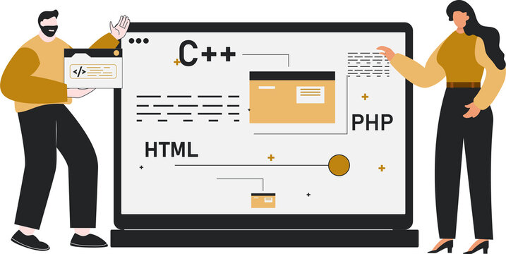 Programmer is explaining coding line, People group discuss code programmer developer.