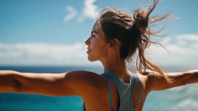 Serene Vista: A woman stretches her arms wide, embracing the breathtaking coastal view. The scene captures a sense of freedom, peace, and connection with the natural world.
