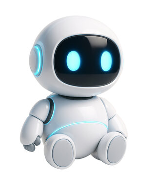 Cute Round 3D AI Robot Character Sitting Down - Adorable Isolated White Android Mascot with Glowing Blue Eyes on Transparent Background