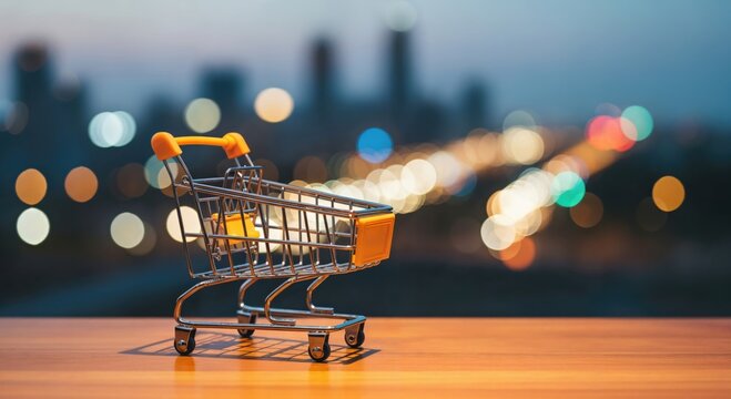 Miniature shopping cart on a wooden surface with a blurred city skyline and bokeh lights in the background, symbolizing online retail and modern consumerism. - Powered by Adobe