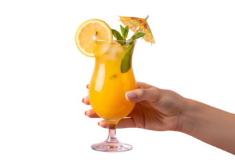female hand holding vibrant citrus, tropical cocktail decorated with lemon slice and mint leaves against on transparent background 