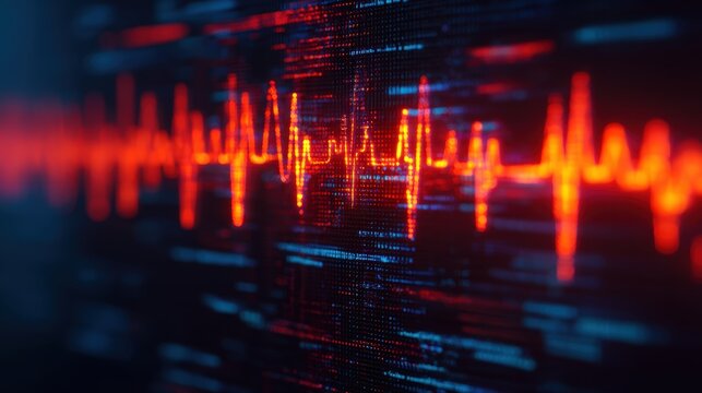 A vibrant digital representation of a heartbeat waveform displaying pulsating red lines against a dark background, symbolizing life and energy. - Powered by Adobe