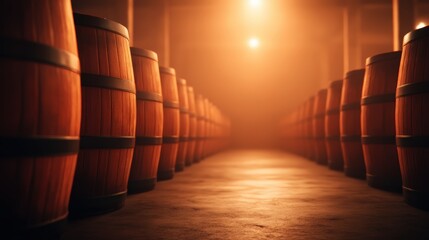A dimly lit storage area featuring wooden barrels lined up in a row, creating a warm and inviting atmosphere.