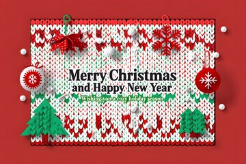 Christmas greeting card with a decorated Christmas tree on a vintage patterned background