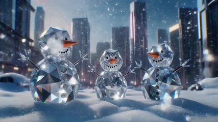 Three Crystallized Snowmen Standing In Snow With City Skyscrapers Background Under Falling Snowflakes - Powered by Adobe