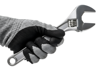 Hand holding adjustable wrench in work glove on transparent background 