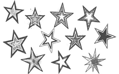 Hand-Drawn Rough Ink Star Symbols with Grunge Texture.