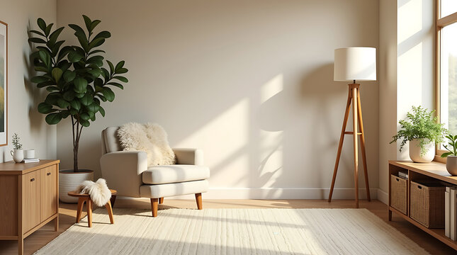 Sunny Living Space Corner with Single Armchair and Minimal Decor