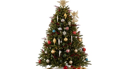 Fully Decorated Christmas Tree with Lights and Ornaments Isolated Festive Holiday Display