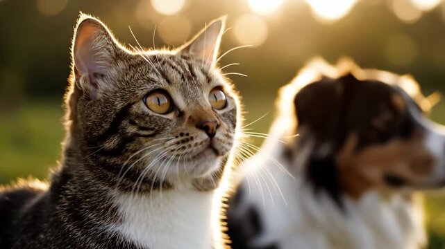 Domestic cat and dog companionship outdoors in golden hour sunlight with warm backlighting
