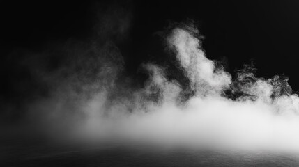 Black background with smoke rising from bottom left corner, white fog wisps casting shadows, eerie mysterious dark atmosphere, added depth and texture, ideal for video, animation