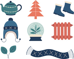 Winter Vector Set. Cozy Holiday Elements, Warm Clothes, Snow Globe, Boots, Teapot, and Radiator Illustration