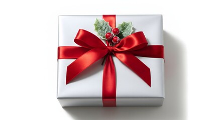White Christmas Gift Box with Red Ribbon Isolated Elegant Holiday Present