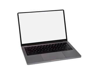 Modern sleek metallic laptop with blank screen angled on transparent background for digital product mockups