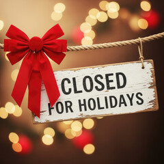 Closed For Holidays Sign with Red Bow and Bokeh Lights 2.