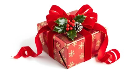 Red Christmas Gift Box with Ribbon and Holly Isolated Festive Holiday Present