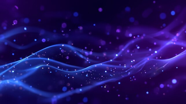 Abstract digital waves with glowing particles on a dark purple background - Powered by Adobe