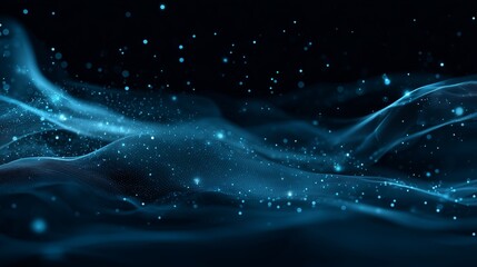 Abstract blue waves with glowing particles on a dark background