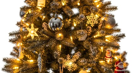 Glowing Christmas Tree with Golden Lights, Star Ornaments, and Festive Decorations